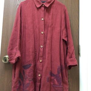 Gudrun Sjoden Red Tunic with Purple Accents, 100% linen, embroidered, sz L